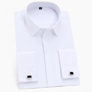 Men's Classic Hidden Buttons French Cuffs Solid Dress Shirt Formal Business Standard-fit Long Sleeve Shirts (Cufflink Include