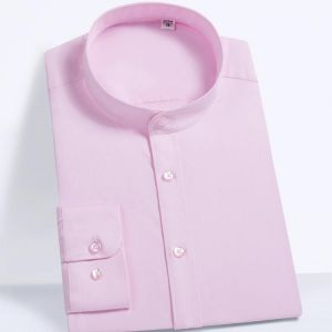 Men's Fashion Banded Collar Long Sleeve Shirt Pocket-less Design Comfortable Bamboo Fiber Casual Standard-fit Easy-care Shirt