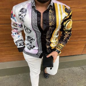 Men's 2021 New Business Casual Silk Satin Printing Shirts Slim Fit Lapel Single-Breasted Long Sleeve Street Fashion Autumn Sh