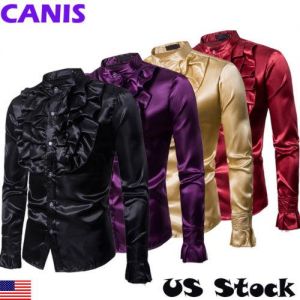 Stylish Luxury Silk Shirt Men 2019 Satin Smooth Solid Tuxedo Shirt Slim Fit Shiny Gold Wedding Dress Shirts