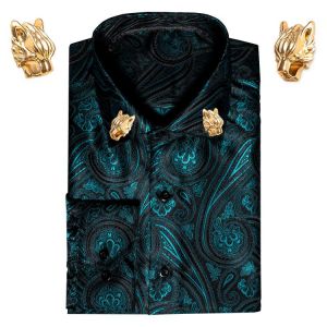 Barry.Wang Teal Paisley Silk Shirts Men Long Sleeve Casual  Shirts For Men Designer Fit Dress Shirt Gold Leopard Collar Pin