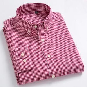 Men's Standard-Fit Long-Sleeve Micro-Check Shirts Patch Pocket Thin Soft 100% Cotton White/red Lines Checked Plaid Casual Shi