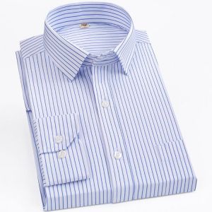 Men's Classic Long Sleeve Striped Basic Dress Shirts Single Patch Pocket Formal Business Standard-fit Office Smart Casual Shi