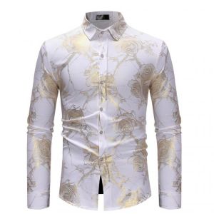 Spring Autumn Men Gold Bronzing Printed Business Casual Dress  Shirts Wedding Party Long Sleeve Shirt Camisa Masculina