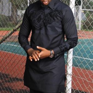 Black Shirt Men African Style Slim Fit Long Robe Male Clothing 2021 Spring Summer Ethnic Dashiki Men's Long Shirt Plus Size 3
