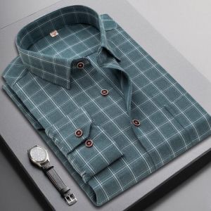 Men's New Business Plaid Slim Long-sleeved Shirt Casual Professional Tooling Bank Formal Jacket Men's Shirt Dad Work Clo