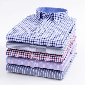 Mens Striped Plaid Oxford Long Sleeve Shirt Spinning Casual Comfortable Breathable Collar Button Design Slim Male Business Dress