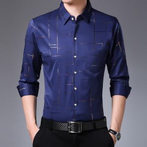 Korean Version of The Young and Middle-aged Spring and Autumn Printed Long-sleeved Shirt Men's Thin Non-iron Business Slim Sh