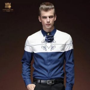 FANZHUAN brands Free Shipping New Fashion business royal Spring men's long-sleeve male shirts blue white print shirt 15212 5X