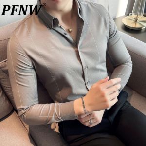 PFNW Men's Business Long Sleeve Shirt Slim Fit Striped No Iron Anti Wrinkle Trend Embroidery 2021 New High Quality Tops 12X14