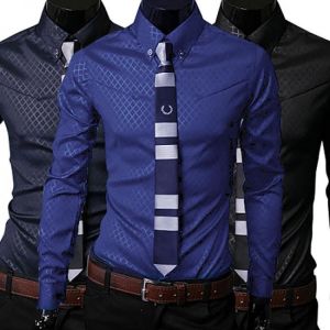 70% Hot Sell Fashion Men Argyle Luxury Business Style Slim Fits Long Sleeve Casual Dress Shirt