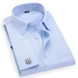 Men 's French Cufflinks Business Dress Shirts Long Sleeves White Blue Twill Asian Size M, L, XL, XXL, 3XL, 4XL, 5XL, 6XL