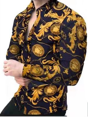2021 Luxury Royal Golden Men's Casual Long Sleeve Shirt Men Men Button Square Collar Shirt Men's Slim Print Shirt Party 