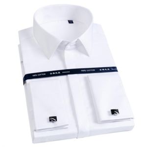 High Collar Men French Cufflink Slim Fit Cotton Shirts Male Long Sleeve Business Wedding Party Free Iron Shirt Hidden Button