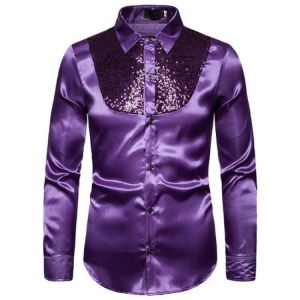 Men's Lapel Long Sleeve Shirt Formal Male Slim Ball Wedding Silk-Like Satin Long Sleeve Dress Sequin Color Shirts Tops S-XXL