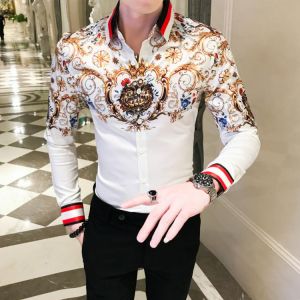 Gold Printed Shirt 2020 Spring Brand Men's Striped Long-Sleeved Shirt Men Social Clothing Club Prom Shirt Slim Men's Str
