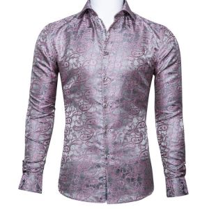 Barry.Wang Luxury Pink Paisley Silk Shirts Men Long Sleeve Casual Flower Shirts For Men Designer Fit Dress Shirt BCY-0024