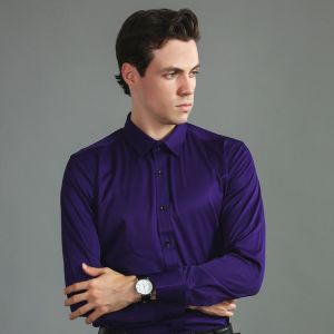 Aoliwen brand Men's stretch long-sleeved dress shirt business casual shirt tencel cotton smooth breathable purple men shirt