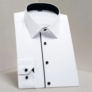 Men's Classic Basic Design Long Sleeve Formal Shirts White Business Standard-fit Twill Easy-care Male Social Office Dress Shi
