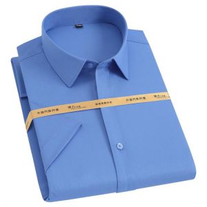 Summer Short Sleeve Men's Stretch Bamboo Fiber Shirts Pocket-less Design Standard-fit Formal Business Solid Basic Dress Shirt