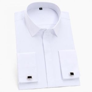 France Cufflinks Men Tuxedo Shirts Long sleeve Covered Button Plain Solid Mens Dress Shirt White Light Blue Pink Business Social