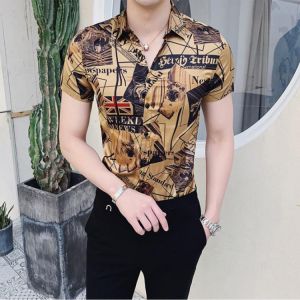 Luxury Gold Black Shirt 2018 Summer Short Sleeve Fashion Designer  Party Club Prom Party Shirt Stylish Gold Slim Shirts For Men