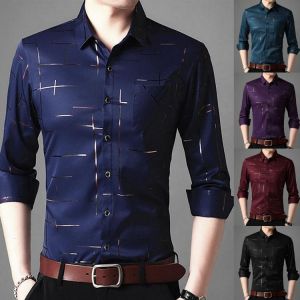 Men's Shirts Business Shirts Men Golden Stripes Print Turn Down Collar Long Sleeve Shirts Single-breasted Men Dress Shirts To