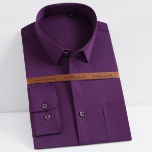 Men's Casual Thin Stretch Long Sleeve Dress Shirts Single Patch Pocket Standard-fit Formal Work Office Solid Basic Tops Shirt