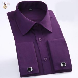 Aoliwen men French dress shirt with Cufflinks Flannel long sleeve high quality smart casual shirt for men spring and autumn