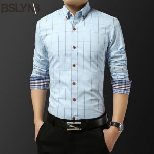 Men Korean Long Sleeve Formal Shirt Anti-wrinkle Non-iron Slim Fit Office Shirts Business Checkered Shirt