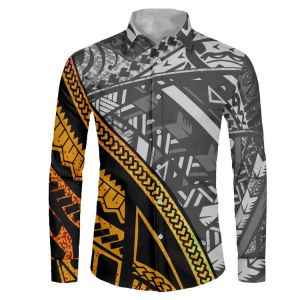 HYCOOL Casual Grey Mens Dress Shirts Party Fall Fashion Long Sleeve Mens Shirts Polynesian Samoan Tribal Tattoo Print Men Shirt
