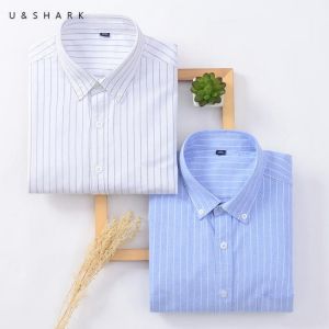 U&SHARK Striped Shirt Men Long Sleeve Formal Business Mens Dress Shirts Office Clothes 100% Cotton Oxford Slim Fit Button Coll
