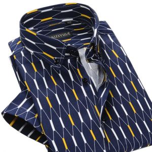 Geometric Printing Men Shirts Summer Short Sleeve Thin 100% Cotton Comfortable Soft Smart Casual  Button Down Male Dress Shirt