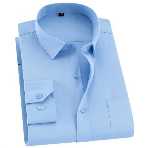 Plus Size 8XL Business Men Dress Shirts Long sleeve Twill Work Shirt Mens Solid  Plain Blue White Chest Pocket Clothing Summer