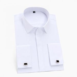 Men's Classic French Cuff Dress Shirt Covered Placket Long Sleeve Tuxedo Male Shirts with Cufflinks No Pocket Office Work Whi