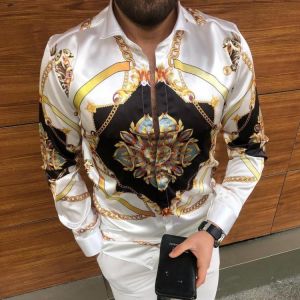 Luxury Brand Floral Flower Print Mens Shirts Casual Slim Fit Single-breasted Baroque Party Prom Formal Men Long sleeve Shirts Fo