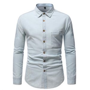 Spring and Autumn Men's Simple Basic Washed Shirt Cotton Casual Denim Long-sleeved Shirt Business Casual Social Dress Shirts