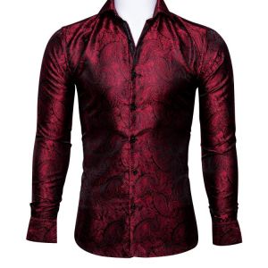 Barry.Wang Luxury Red Paisley Silk Shirts Men Long Sleeve Casual Flower Shirts For Men Designer Fit Dress Shirt BCY-0026