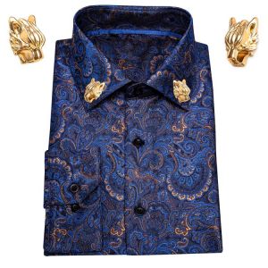 Fashion Collar Pin Blue Gold Paisley Silk Shirts Men Long Sleeve Casual Floral Shirts For Men Dress Barry.Wang Designer  LY-0008