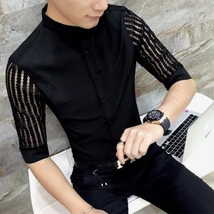 Men See Through Shirt Black White Prom Shirt Men Lace Shirt Fashion Designer Shirt Slim Fit  Camisa Social Masculina