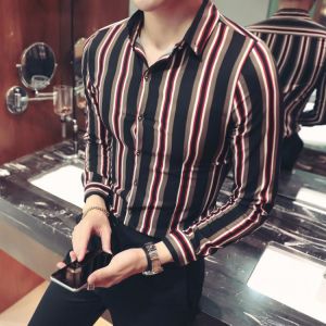 pattern stripe dress shirt men plus size korean fashion 4xl 5xl button down long sleeve  business casual camisa social masculina