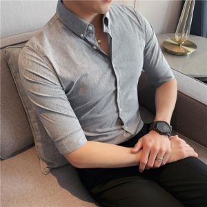 British Style Summer Dark Stripes Shirts Men Tuxedo Half Sleeve Simple Slim Fit Business Formal Wear Office Blouse Homme 4XL-M