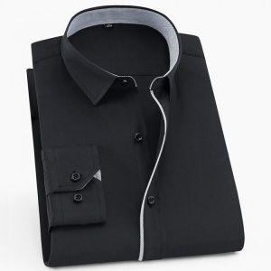 Men's Black Classic Office Solid/Striped Dress Shirts Formal Business Standard-fit Comfortable Long-sleeve Smart Casual Shirt