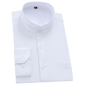 Mandarin Bussiness Formal Shirts for Men Chinease Stand Collar Solid Plain White Dress Shirt Regular Fit Long Sleeve Male Tops
