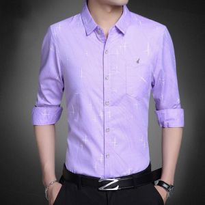 Casual Shirts Men Fashion Printed Shirt Long Sleeve Square Collar Single Patch Pocket Korean Clothes Slim Fit Male Dress Shirts