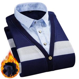 Print Men Knitting Shirt Plus Velvet Thickening Winter Long Sleeves Dress Shirts Home Flannel Sweater Shirts for Men