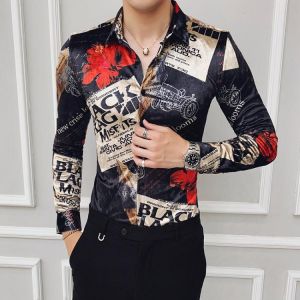 Autumn Winter Luxury Velvet Shirt Fashion 2021 Men Long Sleeve Slim Fit Casual Dress Shirt Retro Print Men Social Party Shirt