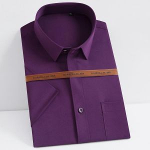 Men's Summer Casual Thin Soft Stretch Short Sleeve Shirts Single Patch Pocket Standard-fit Formal Work Office Solid Dress Shi