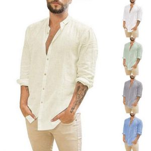 2021 European And American Men's New Linen Cardigan Casual Stand-neck Long Sleeve Shirt in Solid Color