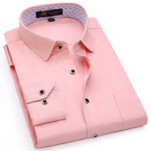 Men's Regular-fit Long Sleeve Solid Linen Shirt Single Patch Pocket Square Collar Inner Polka Dot Casual Button-up Thin Shirt
